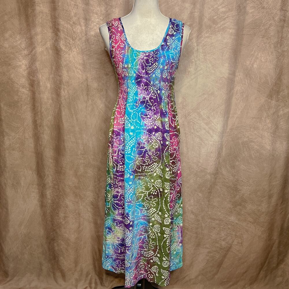 Noelle Multicolor Tie Die Floral Geometric Midi Dress Sleeveless Boho Tropical